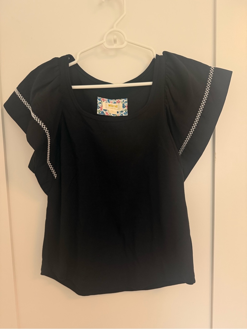Anthropologie Maeve Sherman Black Flutter Sleeve Top